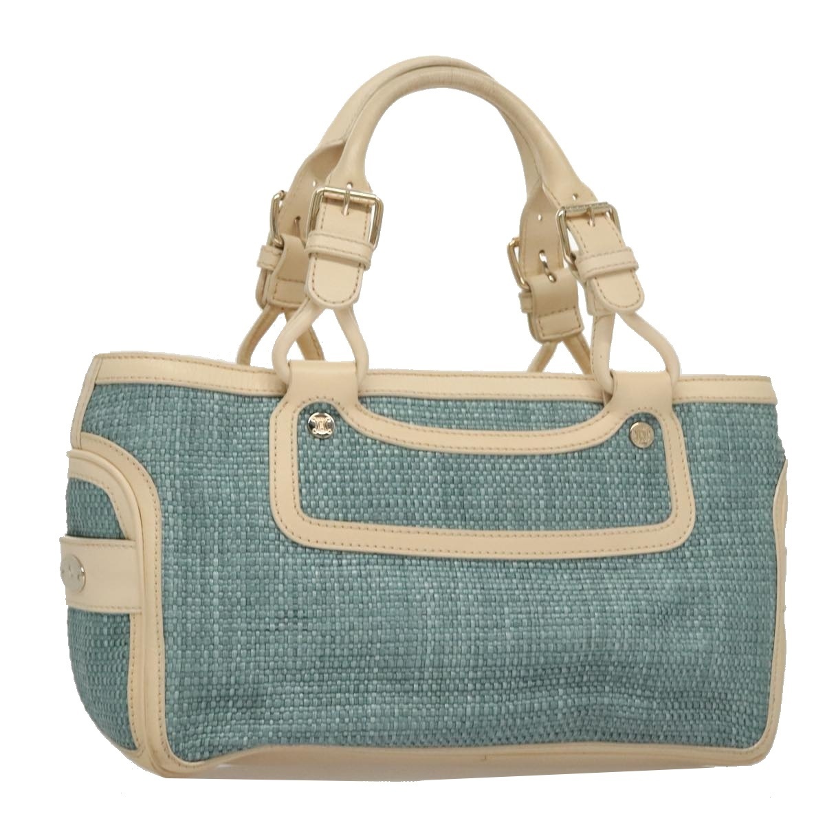 Celine Hand Bag Straw Leather Blue Cream Gold Auth 103294